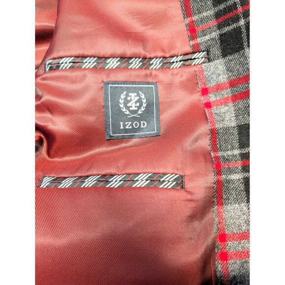 IZOD Mens Plaid Red & Black & Gray Wool Viscose 2 button Sport Coat Blazer 40 S - Picture 4 of 12